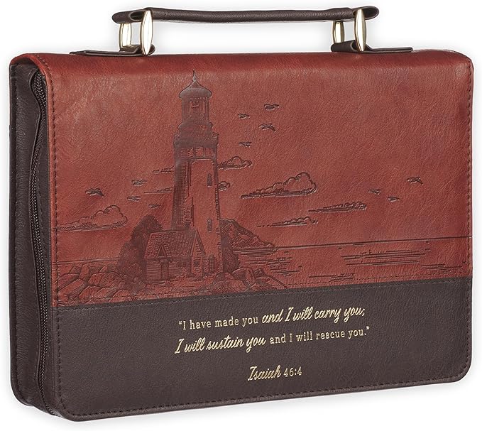 Christian Art Gifts Premium Classic Vegan Leather Inspirational Bible Cover for Men & Women: I Will Carry You Encouraging Golden Scripture, Lighthouse Ocean Theme, Pen Loops, Pockets, Brown, XL