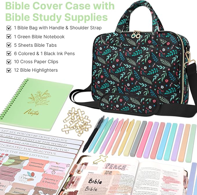 PUGPIU Bible Cover Case for Women, Large Quilted Bible Bag with Shoulder Strap and Handle, Bible Study Supplies Journaling Kit with Highlighters Pens No Bleed Tabs Notebook Cross Clips (Leaf)