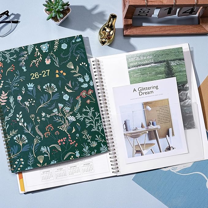 2026-2027 Monthly Planner - Planner 2026-2027, Monthly Calendar 26-27, Jul. 2026 - Dec. 2027, 9" x 11", 18 Month with Colourful Tabs & Pocket, Flexible Cover, Twin-Wire Binding, Thick Paper - Green