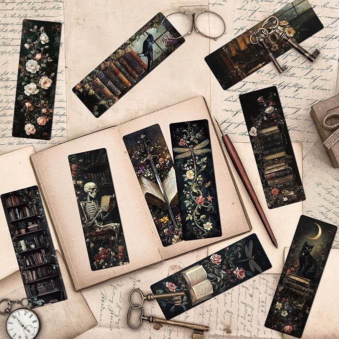 Wxiben Dark Romance Bookmarks Gifts - 20 Pcs Gothic Flower Bookmark Retro Aesthetic Book Mark Skull Plants Dragonfly Page Marker Clip Gift for for Women Students Teachers Bookish Book Lovers Reading