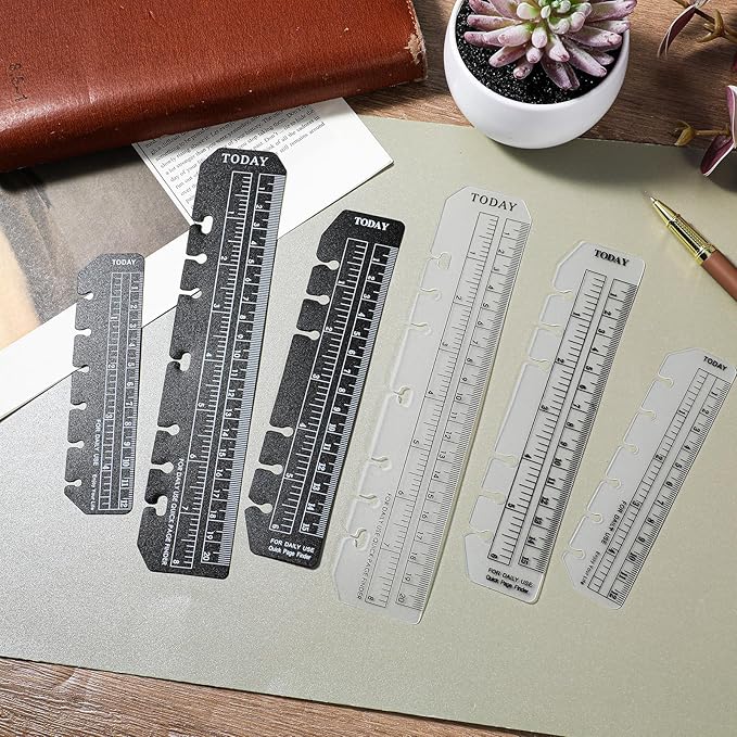 6 Pcs Black/Clear Journal Ruler Page Marker Planner Ruler Spiral Notebook Bookmark A5 6-Binder Rulers with Holes Measuring Tool