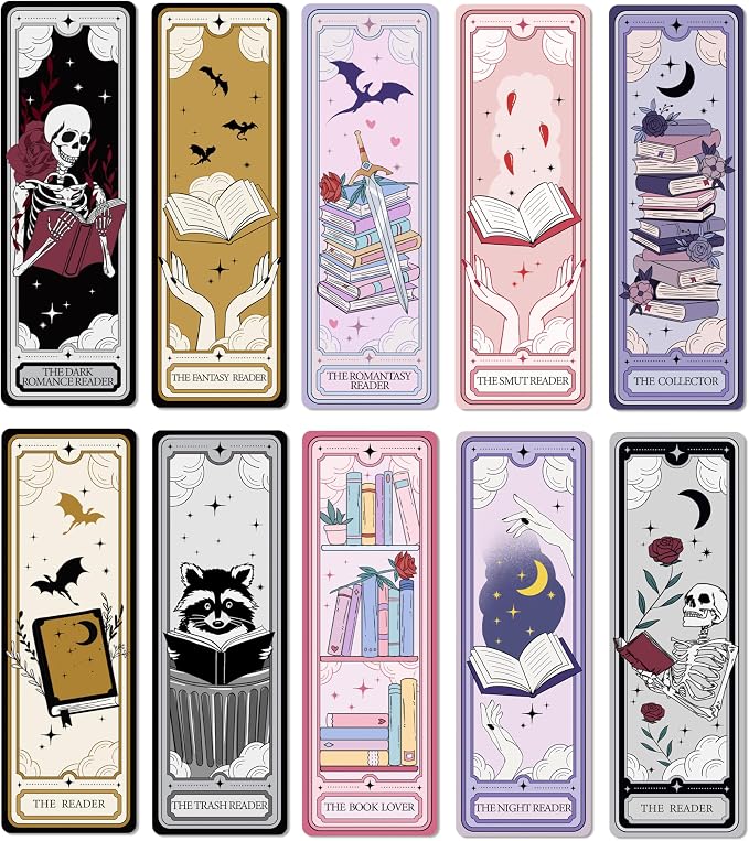 TwoDays Cute Tarot Bookmarks for Book Lovers - Dark Romance Fantasy Merch for Reading Women, Booktok Accessories Gifts for Bookish (Set of 10, 6'' X 2'')