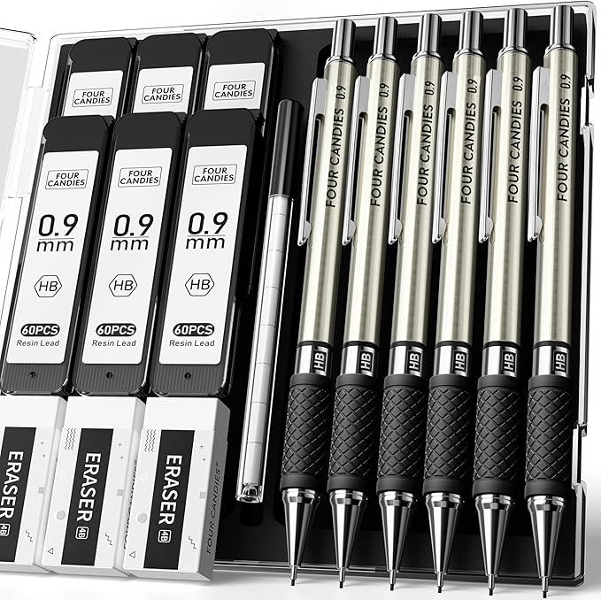 6PCS Metal Mechanical Pencil Set with 0.9mm Bold Point, 360 Leads, 12 Erasers, Art Mechanical Pencils Pack with Storage Case for School Writing, Sketching, Drawing & Professional Drafting