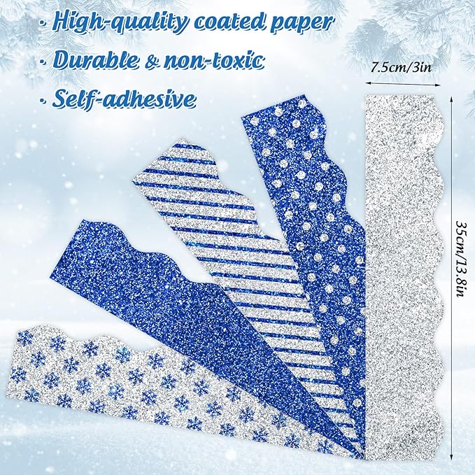 Whaline 69Ft Winter Glitter Bulletin Board Borders 5 Designs Blue Silver Snowflake Stripe Dot Decoration Trim Border for School Classroom Office Decoration