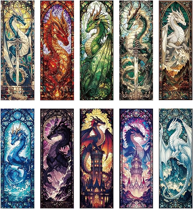 Fantasy Dragon Bookmark Gifts - 10 Pcs Cool Fourth Stained Glass Bookmarks for Men Women Book Lovers Sword Wing Page Marks Merch Bookish Birthday Graduation Gift School Reading Accessories