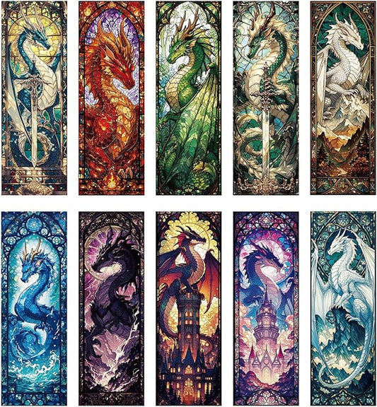 Fantasy Dragon Bookmark Gifts - 10 Pcs Cool Fourth Stained Glass Bookmarks for Men Women Book Lovers Sword Wing Page Marks Merch Bookish Birthday Graduation Gift School Reading Accessories