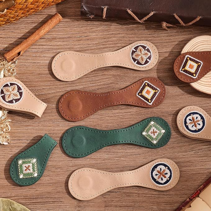 4PCS Vintage Magnetic Leather Bookmark, Leather Magnetic Bookmarks for Women, Magnetic PU Bookmarks Clip Book Accessories, Embroidery Pattern