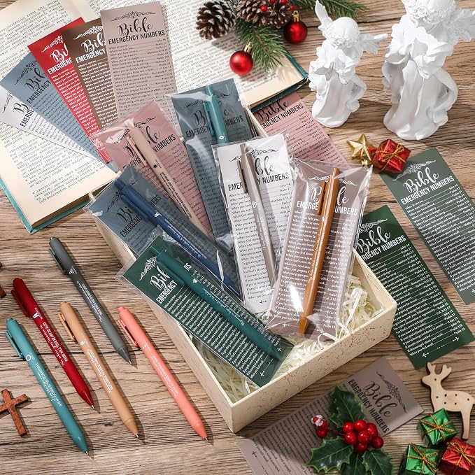 Feifeiya 50 Sets Christian Fathers Day Gifts Bulk Religious Pens Bible Verse Emergency Numbers Bookmark Scripture Catholic Gift for Women Men Church Welcome Sunday School(Christmas Color,English)