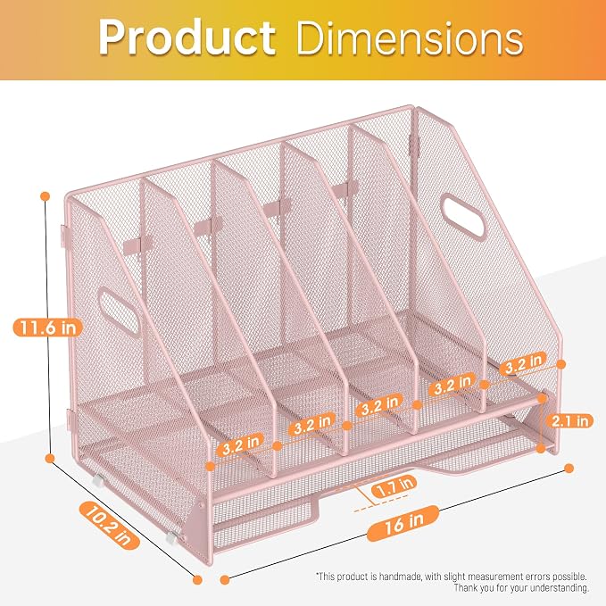Docnest Desk File Holder Sorter, 5 Vertical Compartments Rack with Letter Tray, Mesh Magazine File Holder with Handle,Workspace Organizers,Desk Organizers for Paper, Mail, Documents-Pink