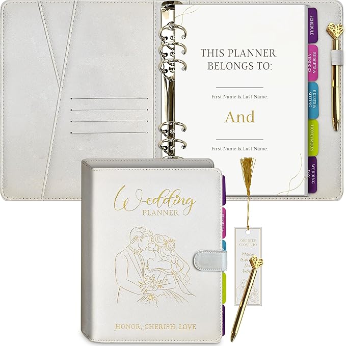 Future Mrs. Wedding Planner Book – White PU Leather with Gold Stamped Cover – Includes Gold Heart Pen & Bookmark – 7.25” x 9” Bridal Organizer for Budget, Guests, Vendors, Honeymoon & Wedding Day