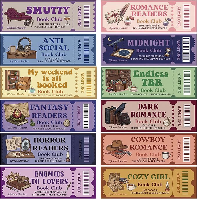 120Pcs Book Club Ticket Bookmarks Bulk, Vintage Retro Ticket Bookmark Set for Book Lovers, Anti Social Dark Romance Cozy Reading Themed Book Marks Bulk, Book Club Gifts for Readers Women Men