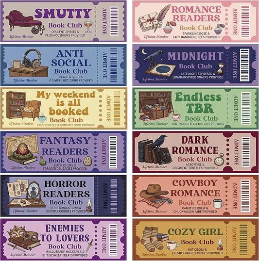 120Pcs Book Club Ticket Bookmarks Bulk, Vintage Retro Ticket Bookmark Set for Book Lovers, Anti Social Dark Romance Cozy Reading Themed Book Marks Bulk, Book Club Gifts for Readers Women Men