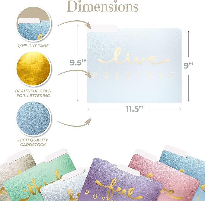 Better Office Products Decorative File Folders, 12 Pack, 6 Colors/6 Phrases, 12 Unique Designs, Heavyweight, Letter Size (9.5 x 11.5) with 1/3 Cut Tab, Gold Foil Positive Thoughts, Fashion Folders