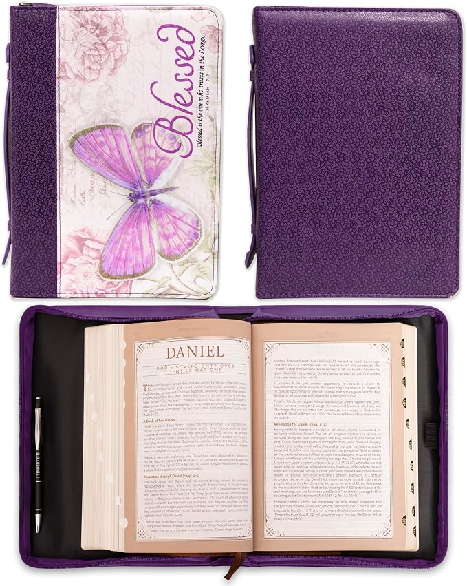 Christian Art Gifts Women's Fashion Bible Cover Blessed Butterfly Jeremiah 17:7, Purple Floral Faux Leather, Medium