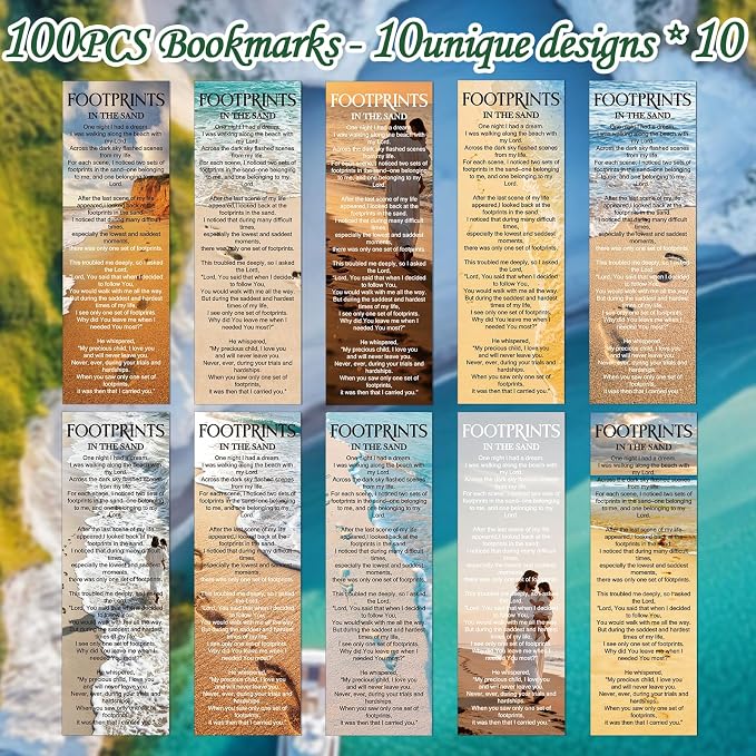 Footprints in The Sands Bookmarks Gifts - 100 Pcs Christian Religious Bookmark Bible Inspirational Page Markers Clips Book Mark Prayer Gospel Tracks for Evangelism Church Office Home Supplies