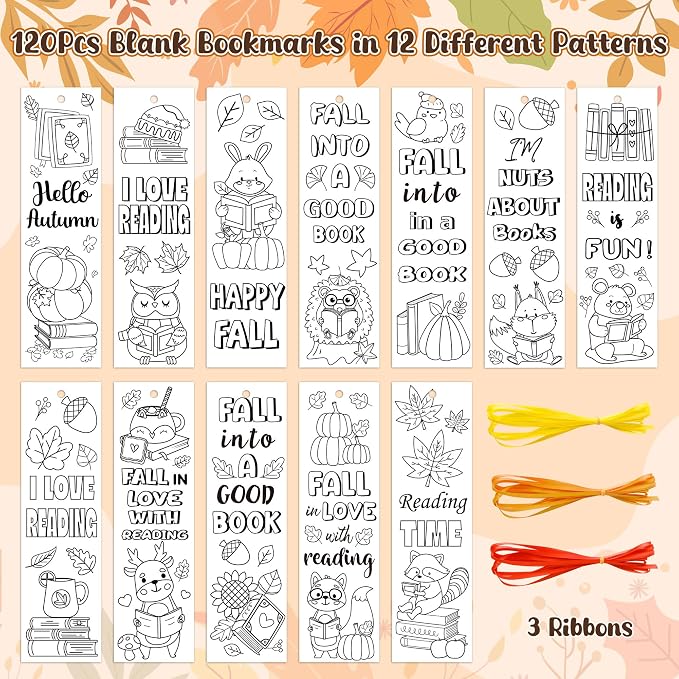 ANGOLIO Fall Animal Coloring Bookmarks - 123Pcs Autumn Animals Color Your Own Bookmarks for Kids, Squirrels Hedgehogs Blank DIY Art Crafts for Classroom Party Favors Reading Rewards Goodie Bag Fillers