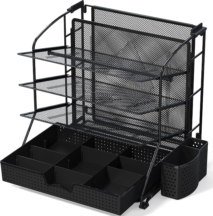 Simple Houseware Desktop Document Tray Organizer with Sliding Drawer, Caddy, Hanging File Section, Black