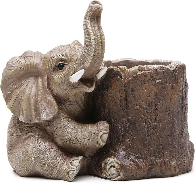 Hodao Resin Elephant Pen Holder, Cute Elephant Desk Organizer, Creative Animal Pen Cup for Office Desk Decor, Graduation Present, Gifts for Teacher Women Men Elephant Lovers
