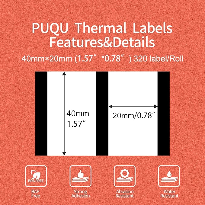 PUQU 40x20mm Transparent Direct Thermal Sticker Labels, Label Printer Self-Adhesive All-Purpose Rectangular Label Maker Tape, Refills Standard Laminated Office Labeling, 1 Roll of 320 Labels