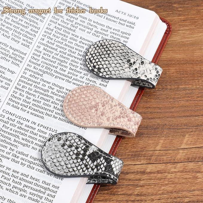 3PCS Vintage Magnetic Leather Bookmark, Leather Magnetic Bookmarks for Women, Magnetic PU Bookmarks Clip Book Accessories, Snakeskin Pattern