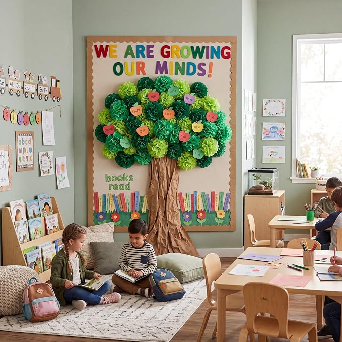 Mooliwe Classroom Tree Bulletin Board Set DIY 3D Cardboard Tree with Paper Pom Poms Kraft Craft Bulletin Board Wall 3D Decorations for School Elementary Teacher Chalkboard (Green,8, 10, 12 Inch)