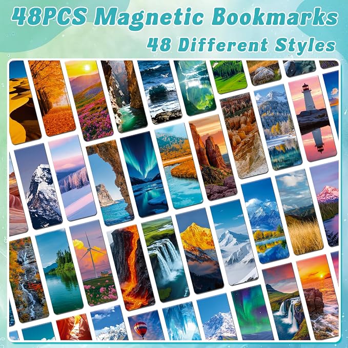 48Pack Magnetic Bookmarks Bulk Book Marks for Reading Women Men Adults Book Lovers Gifts, Cute Bookmarks Magnet Bookmark Clips Magnetic Page Markers Pretty Funny BookMarker (Scenery)