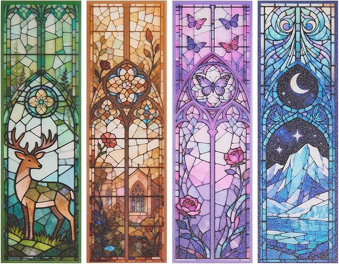 4PCS Fantasy Art Bookmarks, 5" × 1.5" PVC Stained Glass Art Book Marker, Romantasy Inspired Bookish Gifts for Book Lovers