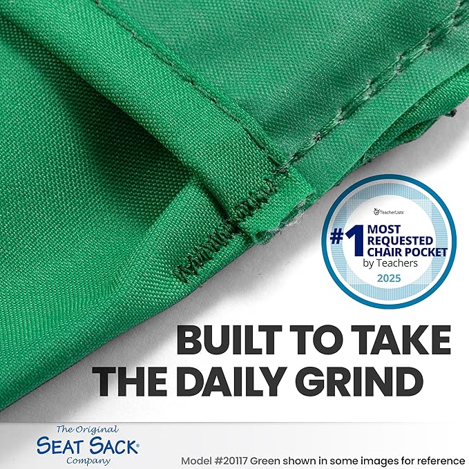 Seat Sack Elastic Student Chair Storage Pocket - Fits 12"–17" Chairs, Classroom Chair Organizer for Student Desks, Durable Stretch Over-the-Chair Storage, Green, 1-Pack