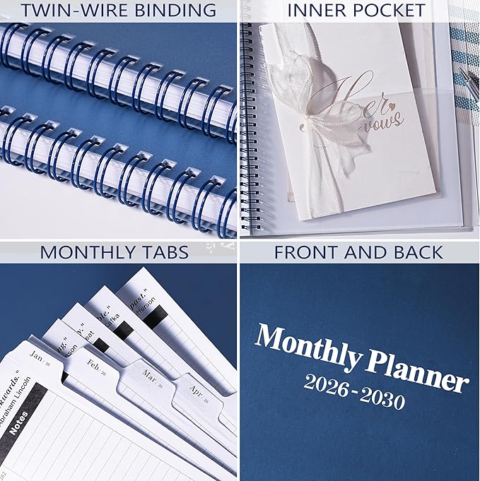 2026-2030 Monthly Planner/Calendar - Jan 2026 - Dec 2030, 5 Year Planner with Tabs & Celebrity Quotes, 9" x 11", 60 Monthly Calendar 2026-2030, Two-Side Pocket, Suitable for Long-Term Planning - Blue