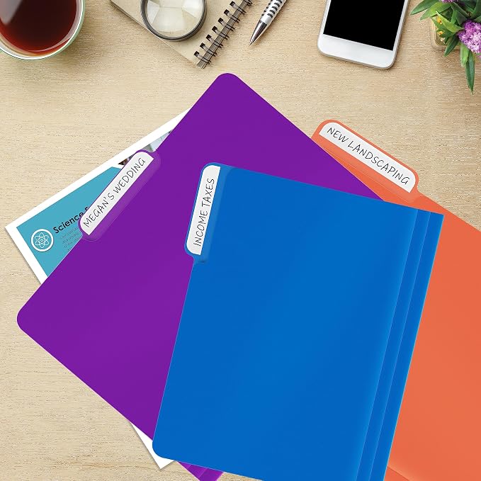 Better Office Products Heavyweight Poly File Folders, 1/3 Cut Tabs, 36 Pack, Assorted Colors, Letter Size, with Adhesive Labels,