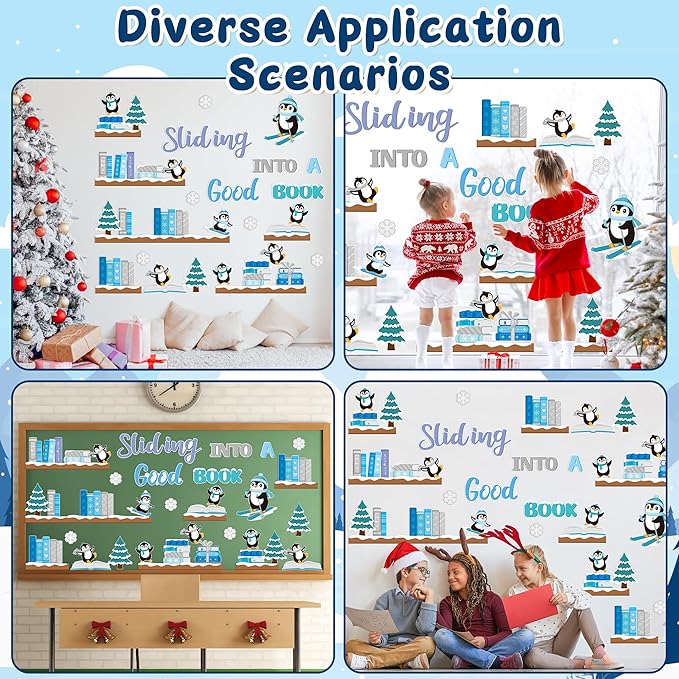 TICIAGA 79Pcs Winter Penguin Sliding Into A Good Book Bulletin Board Set, Winter Penguin Bookshelf Cutouts Trim Border for School Library Learning Classroom Chalkboard Wall Christmas Decorations