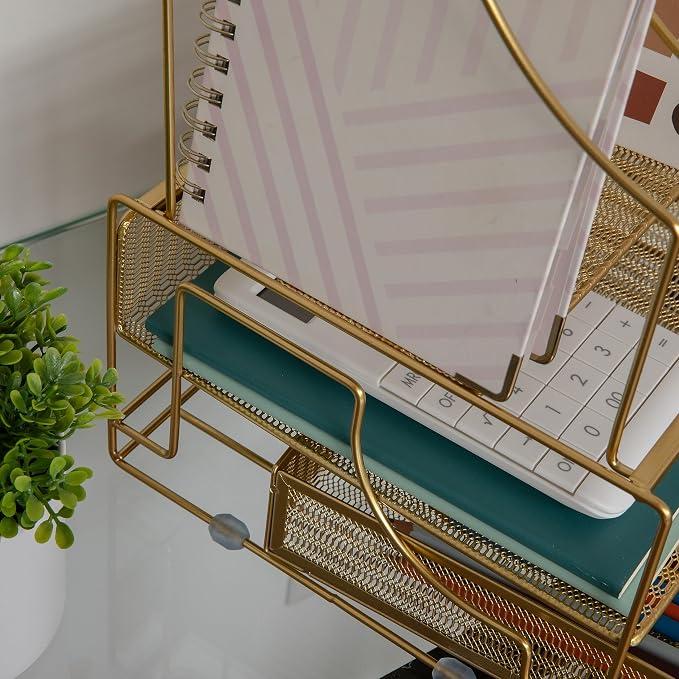 Martha Stewart Ryder Gold Mesh Metal Large Desktop Organizer With Paper File Letter Holder Organizer and Drawer
