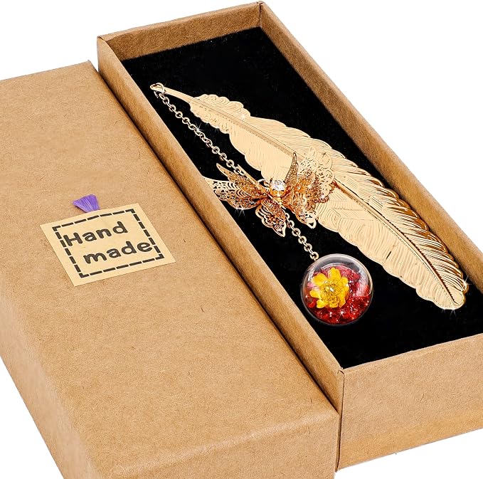 Teacher Retirement Gifts - Metal Feather Bookmark with 3D Butterfly & Real Dried Flower Pendant - Bookmark for Women & Book Lovers Under 10 Dollars - Gift Box Included
