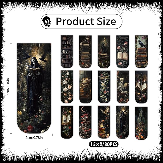 30PCS Dark Academia Magnetic Bookmarks Set, Aesthetic Gothic Skull Cat Rose Owl Book Mark Clips, Vintage Witchy Dark Romance Accessories for Women Men Students Book Lovers, 0.7×2.6in