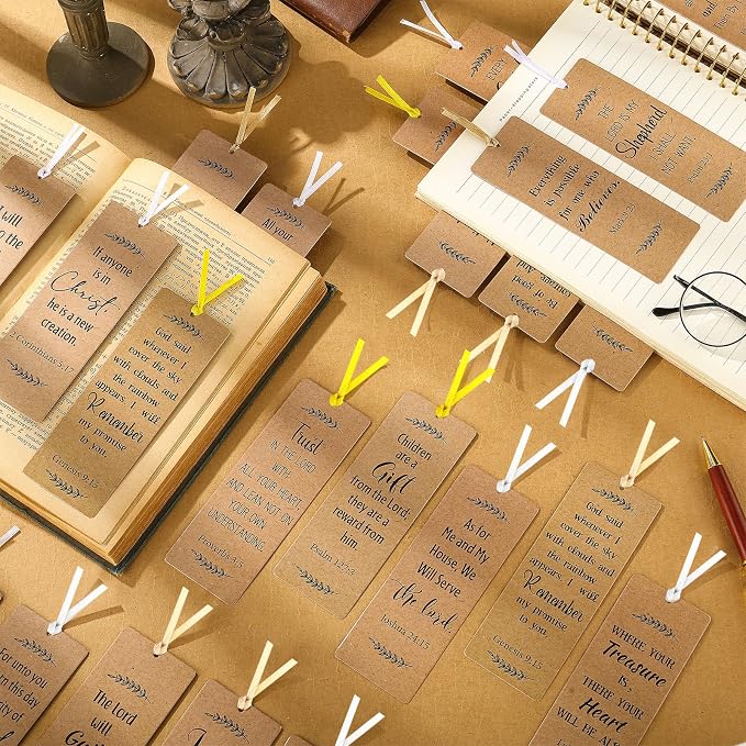 Chinco 120 Pack Kraft Paper Bible Verse Bookmarks Christian Inspirational Quote Motivational Bookmarks for Women Men Religious Positive Page Marker for Church Office Gifts Supplies