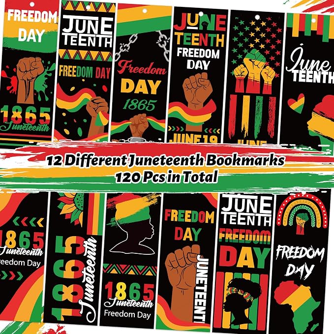 Haooryx Juneteenth Bookmarks - 120Pcs 1865 Juneteenth Bookmarks with Ribbon Celebration June 19 Freedom Day Book Marks for Africa Americans Independence Day Classroom Inspirational Handouts Supplies