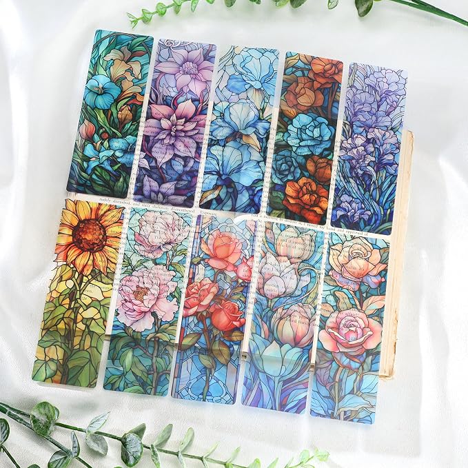 Pretty Flower Bookmark Gifts - 20 Pcs Floral Stained Glass Art Bookmarks for Women Students Book Lovers Aesthetic Plant Page Marks School Reading Accessories Bookish Birthday Graduation Gift