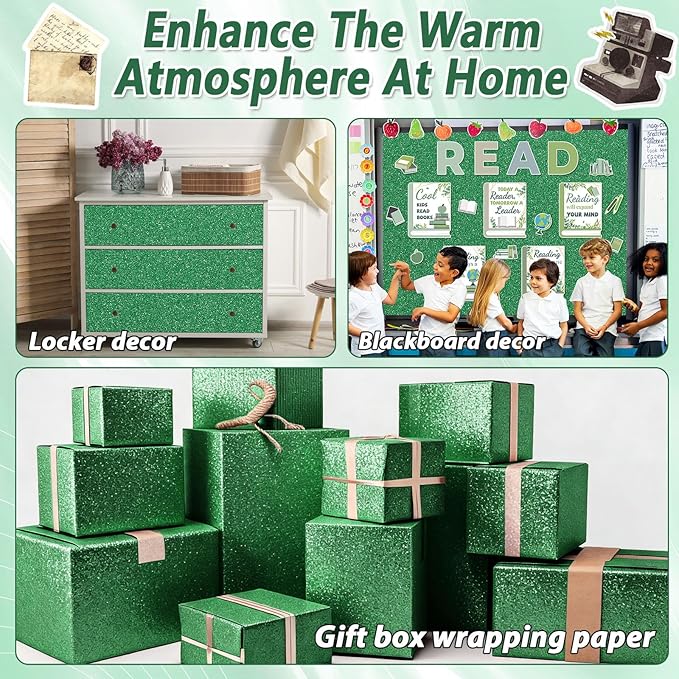 Glitter Bulletin Board Paper Roll Sparkle Wrapping Paper Bulletin Board Decor Glitter Poster Gift Wrapping DIY Art Crafts Wallpaper Background for Home Office Classroom Decoration 17" x 20ft, Green