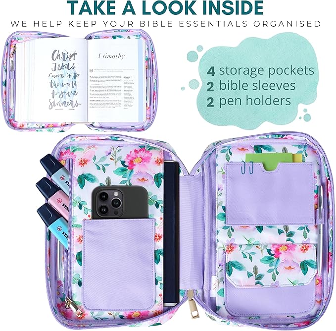 Quilted Bible Case for 6.5 X 9.5 inch Books, Bible Carrying Case for Women, Pink Bible Cover