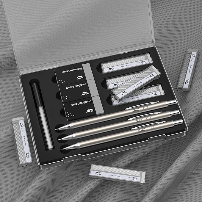 Mr. Pen- 0.7mm Metal Mechanical Pencil Set with Lead Refills & Erasers, 3 Pack, 6x Tubes 2B Lead Refill, 3x Erasers for School Supplies, Note Taking, Drawing, Sketching