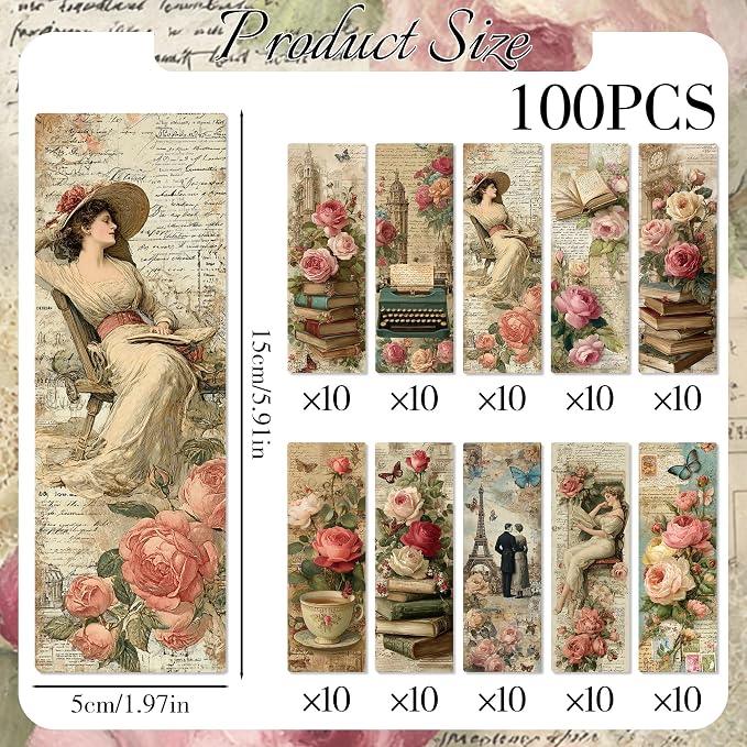 Vintage Bookmark Bulk Gifts - 100 Pcs Aesthetic Flower Paper Bookmarks for Women Girls Book Lovers Retro Page Marks School Office Reading Accessories Bookish Gift for Birthday Christmas