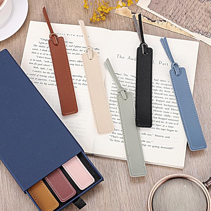 8Pcs Leather Bookmark, Classic Stitched Book Mark with Leather Rope Father's Day Gifts for Reading Men Teacher Women School Students