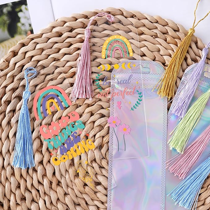 Dazoratix Acrylic Bookmark Making Kit - 60 Pcs Cute Clear Bookmarks Blanks Inspirational Reading Accessories Colorful Floral UV DTF Valentines Stickers Tags for Women Kids Book Lovers DIY Craft Gifts