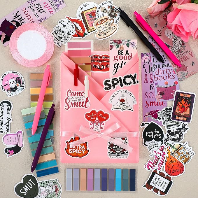 Honoson 6 Set Spicy Blind Date with a Book Gift Box Supplies Including Smutty Bookmarks Stickers Pens Ribbon Wrapping Papers Bookish Librarian Readers Book Lovers Club Gifts(Without Books)