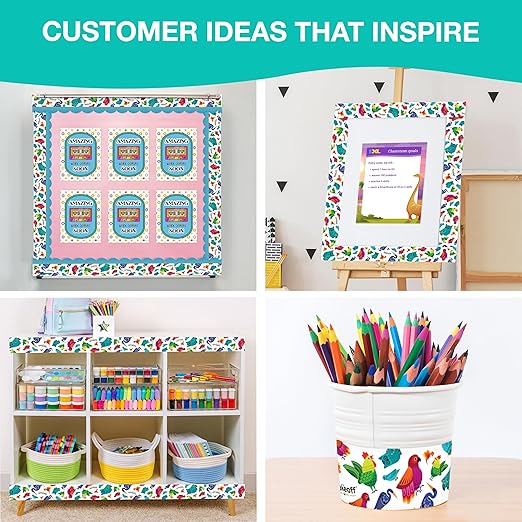 IXL Takeoff 65Ft of Feathered Friends Bulletin Board Borders, 1 Roll of Colorful Trim with Bird Accents for Rolling Whiteboard, Cork and Posterboard, Party, Office Decorations, and Classroom Decor