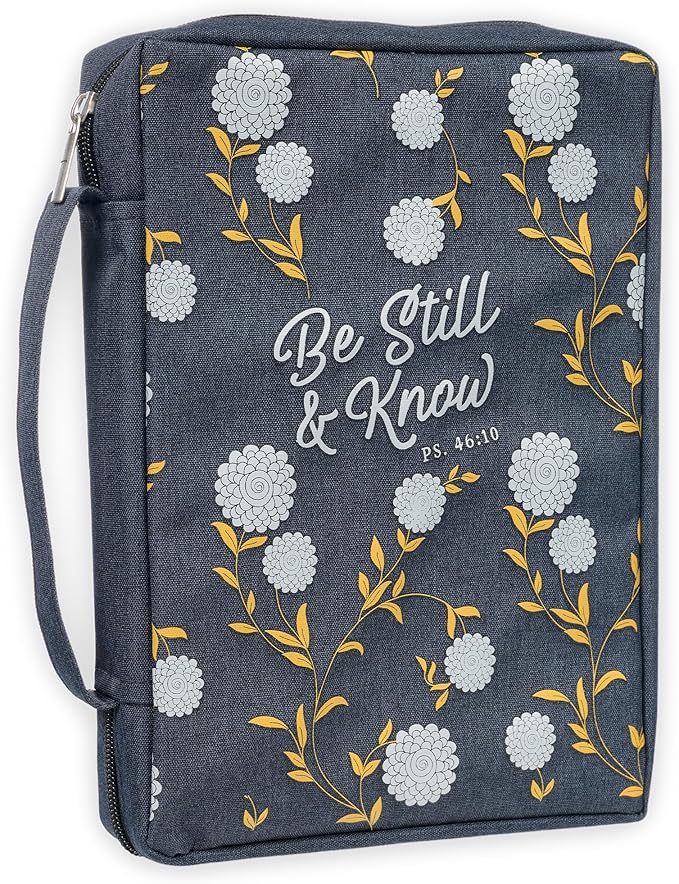 Christian Art Gifts Men & Women’s Bible Cover – Be Still & Know Psalm 46:10, Navy Canvas, Large Size – Durable Zipper Case with Handle, Pen Loop, Interior & Exterior Pockets for Daily Use