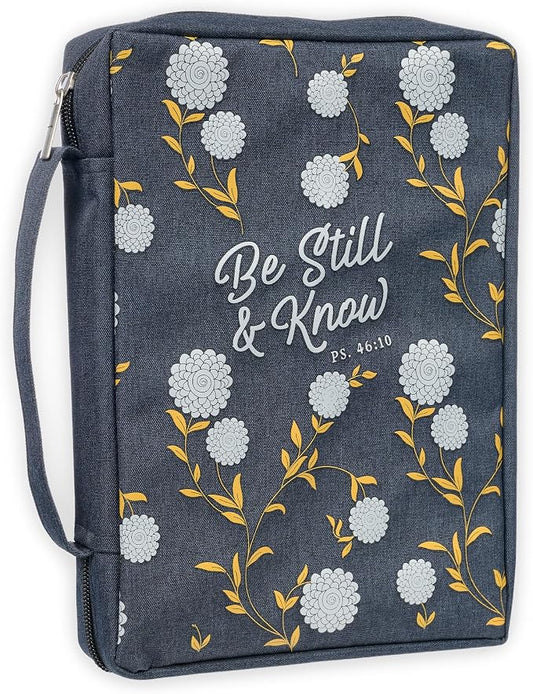 Christian Art Gifts Men & Women’s Bible Cover – Be Still & Know Psalm 46:10, Navy Canvas, Durable Zipper Case with Handle, Pen Loop, Interior & Exterior Pockets, Large Size