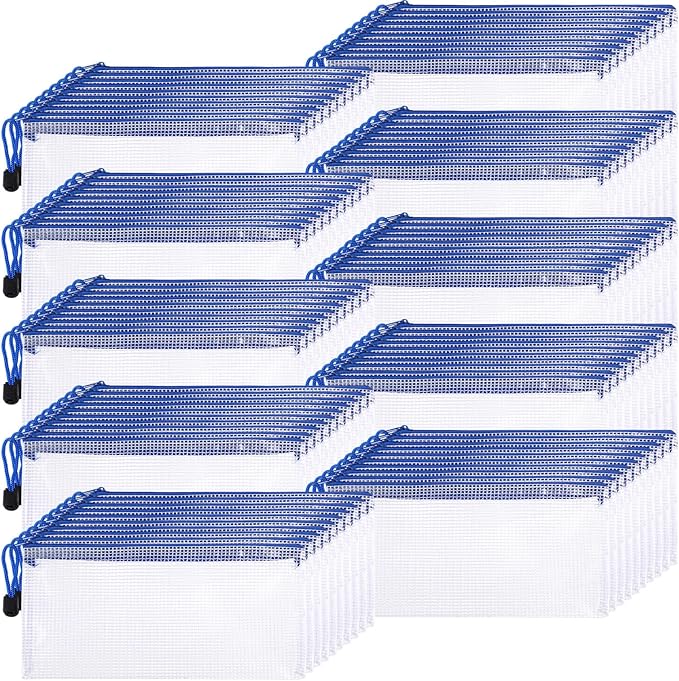 Sherr 120 Pcs Mesh Zipper Pouch A6 Pencil Pouches Bulk Small Clear Mesh Bags with Zipper 9.45'' x 4.53'' Waterproof File Bag Pencil Case for School Office Travel Organization(Blue)