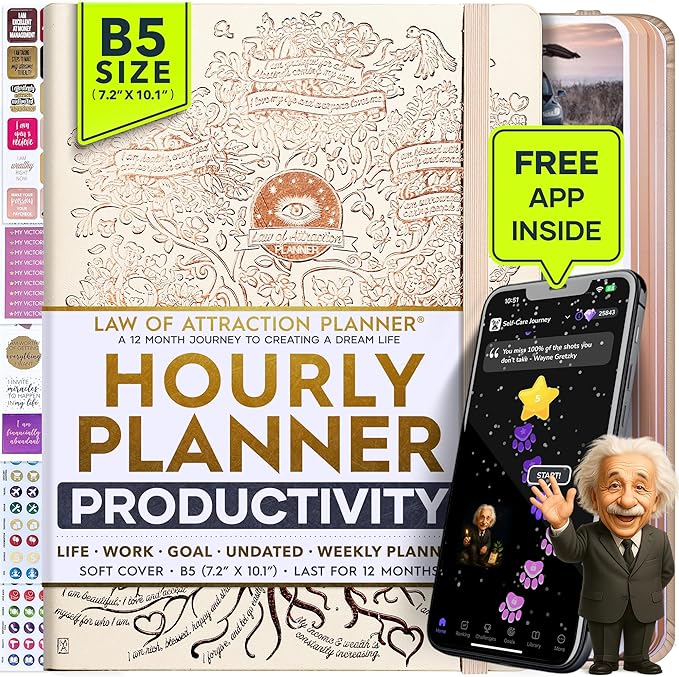Deluxe Weekly and Monthly Planner | Law of Attraction Planner with Productivity App | 12-Month for Productivity, Gratitude & Goal Setting | Includes Foldable Vision Board, Gift Box & Stickers