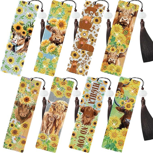 Diamond Painting Bookmarks Set - 8PCS Highland Cow 5D Diamond Art Bookmarks Kit with Tassel Sunflower Bookmarks Set for Highland Cow Lover Office Useful Project DIY Crafts Gifts Teacher